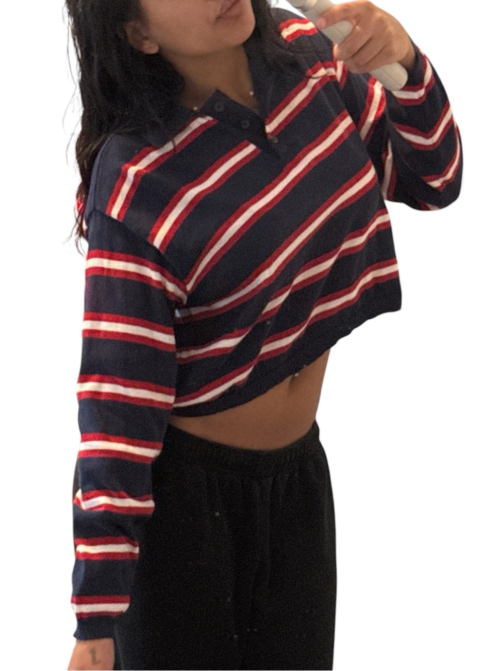 Cropped Striped Rugby Polo Top in Navy, Red & White